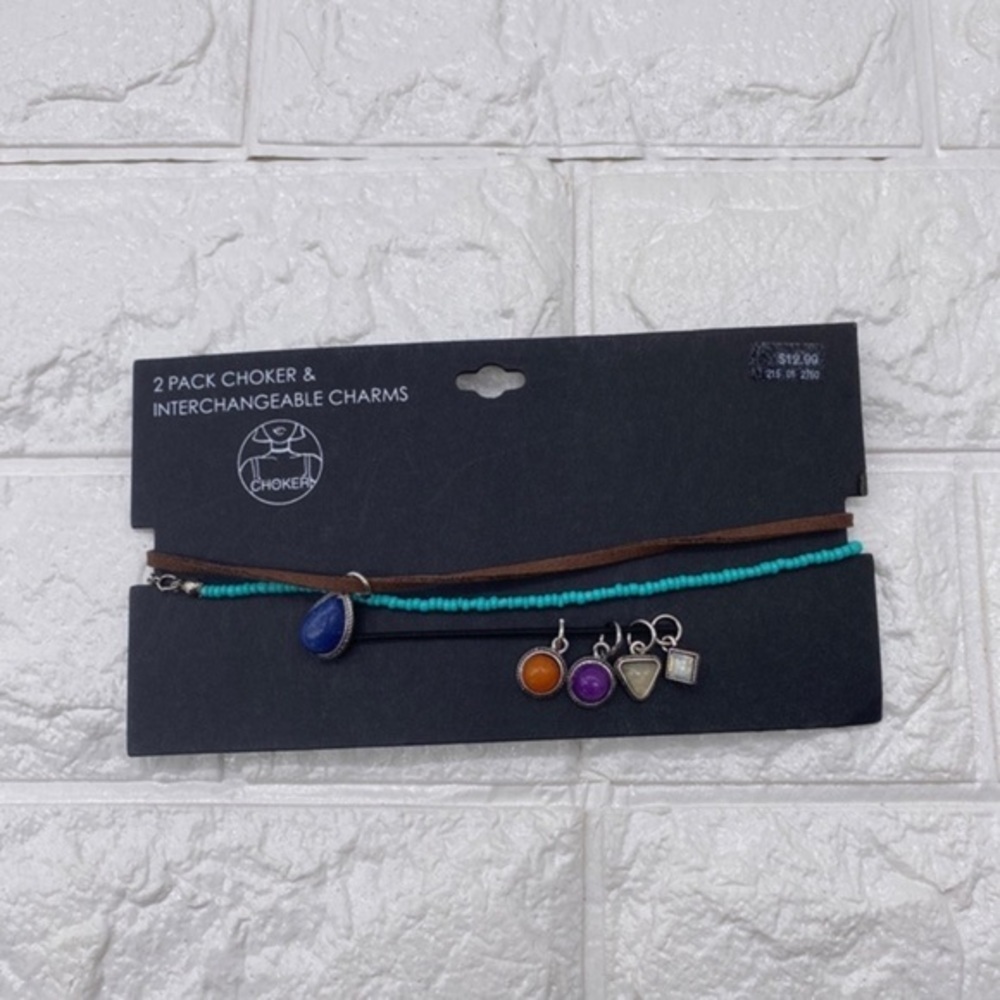 Multitext Choker Necklace Interchangeable Charms Faux Leather‎ & Beaded Design